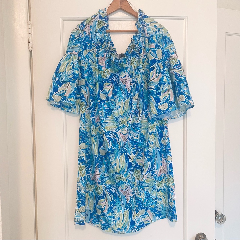 Vibrant Tropical Off-Shoulder Ruffle Sleeve Dress